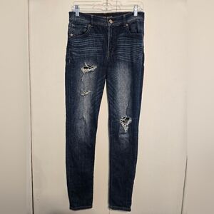 Express Women's Dark Blue High-Rise Distressed Skinny Jeans Size 10